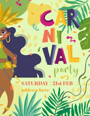 Colorful carnival samba girl party flyer template with tropical leaves, lettering and confetti	