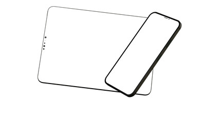 Blank screen realistic tablet frame, rotated position, side view, top view. The tablet is at different angles. Layout of a universal set of devices