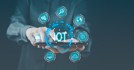 iot, Internet of things. Business technology network connection, communication by smart web, online media marketing, automation robotic concept. Tech icon on hand, multimedia, social media, cyberspace