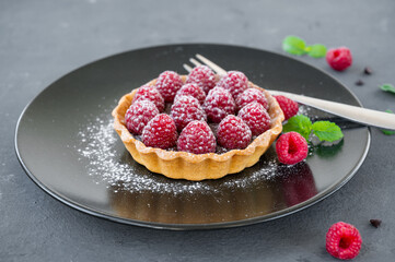 Delicious chocolate tart with raspberry on the plate on a gray background. Summer dessert. Copy space