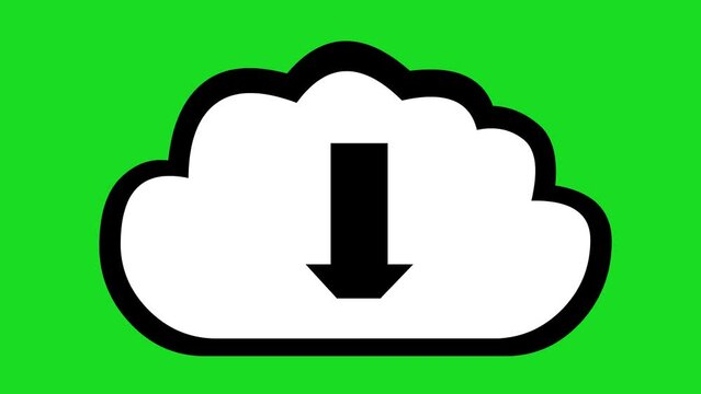 animation of cloud file download icon and down arrow, drawn in black and white. On a green chrome key background