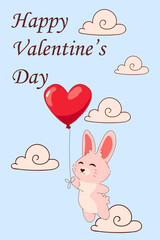 Animal with red heart balloon flying in sky. Valentines Day. Greeting card design. Happy rabbit. Romantic holiday celebration. Love in clouds. Bunny character. Vector cartoon illustration