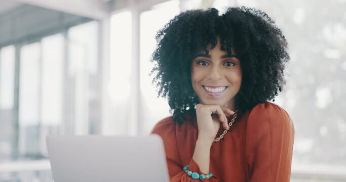 Face, vision and mindset with a business black woman sitting at a desk with her hand on her chin. Portrait, happy and smile with a female employee thinking about future growth or company development