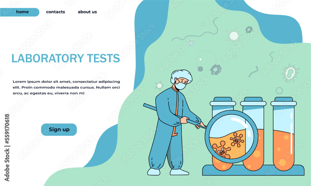 Aufkleber Scientist research landing page. Scientific workers study pathogens. Medical character doing laboratory experiments. Man work with microscope or test tubes. Vector lab website template