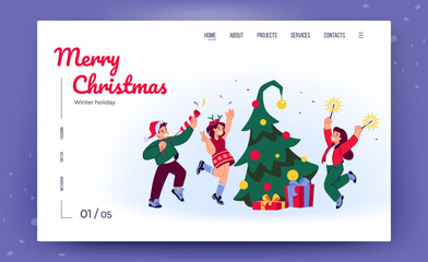 Christmas celebrate, dance people landing page. Outdoor night, winter tree with toys and gifts, woman jump with sparklers, falling confetti. Vector cartoon website festive xmas banner