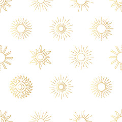 Fototapeta premium Sun boho pattern. Art deco golden shine. Minimal line beam or sunburst, retro gold summer lights, geometric circle stars. Decor textile, wrapping paper. Vector seamless background