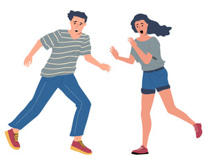 Scared man and woman. Isolated cartoon flat isolated people. Frightened girl. Startled boy. Negative emotion expression. Worried characters. Shocked female. Panicked male vector terrified set