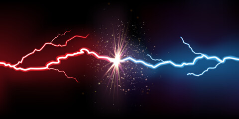 Electric lightning collision. VS battle effect. Flash light. Thunderbolts clash. Thunder burst with sparks. Fight power. Sport game competition blank banner. Vector background concept - obrazy, fototapety, plakaty