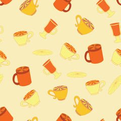 Cups and saucers bright seamless pattern. Tea, tea shop, coffee. Wallpaper, wrapping paper