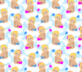 Cute baby angel boy and girl with wings, blond hair and blue eyes are sitting on a cloud. Blue background with pink and blue hearts, print, seamless pattern. Vector illustration for valentine's day 