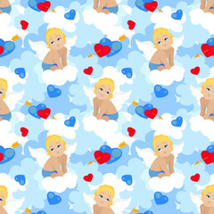 A cute baby angel boy with white wings and blue eyes sits on a cloud. Light blue background with red hearts and arrows, print, seamless pattern. Vector illustration for valentine's day
