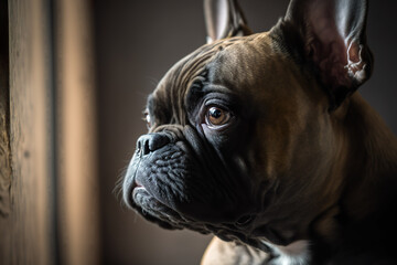 A portrait of a French Bulldog. Confident pose with a focused look. 