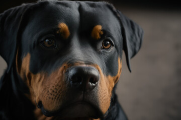 A portrait of a Rottweiler outside. Focused pose with a mysterious look. Tender eyes. Black and brown fur.