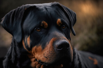A portrait of a Rottweiler outside. Focused pose with a mysterious look. Black and brown fur.