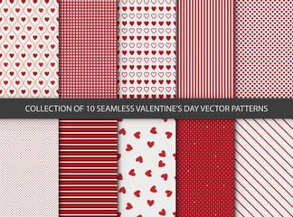 Set of 10 different seamless patterns. Romantic red backgrounds for Valentine's or wedding day. Endless texture for wallpaper, wrapping paper and etc. Retro love style. - 559171460