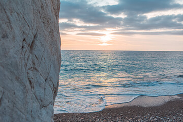 Natural landscape of the Aphrodite rock on background of Mediterranean sea at sunset. Copy space...