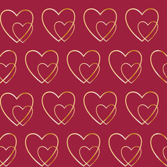 Different size golden hearts on viva magenta background Seamless pattern. Valentine's Day backdrop design Isolated vector illustration