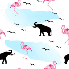 Tropical seamless pattern. Beach with flamingos, elephant and birds. Prints, packaging design, bedding, clothing and wallpaper.
