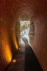 View of the passage through the rampart of the Powder Bridge. The Stag Moat  (Jelení příkop) at the Prague Castle in winter time, Czech Republic - obrazy, fototapety, plakaty