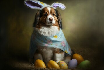 Cute Dog in an Easter Bunny Costume. Generative AI.