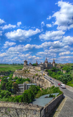 Fototapeta na wymiar Panoramic landscape of an ancient medieval castle in Kamenetz-Podolsk city. Khmelnitsky region of western Ukraine