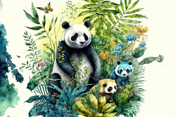 Fototapety  a panda with other animals in the jungle, painted in watercolor. Generative AI