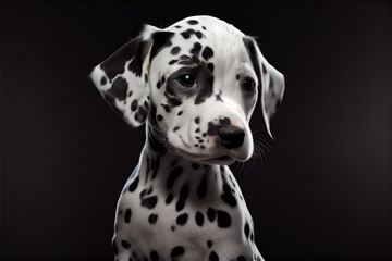 Beautiful Dalmatian puppy dog portrait in front of dark background. 