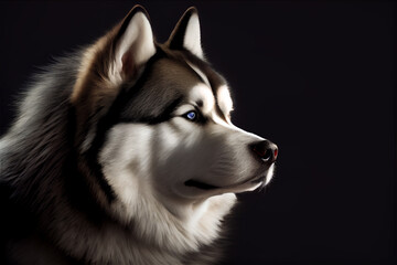 Obraz premium Beautiful Alaskan Malamute dog portrait in front of dark background. 