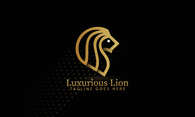 Lion Line Art Logotype Emblem Symbol. Can Be Used For Labels, Badges, Stickers, Logos Vector Illustration. On A Gold With Black Background