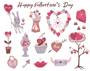 Set  elements for Valentine's Day.Bouquet,candy, gift, heart frame,heart, balloon, kiss, key, letter,love tree with nest and other decorative elements. Vector illustration