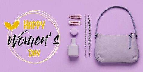 Stylish female handbag, perfume and accessories on lilac background. Happy Women's Day celebration