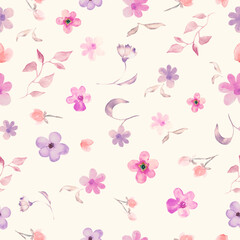 Watercolor gentle seamless pattern with abstract purple, pink  flowers. Hand drawn floral illustration isolated on beige background. For packaging, wrapping design or print. Vector EPS.
