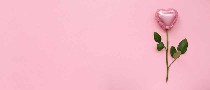 Flower made of rose stem and balloon on pink background with space for text. Valentine's Day celebration