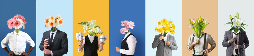 Collage of young businessmen with bouquets of flowers instead of their heads on color background
