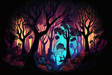 Fantasy neon lit woodland with bright foliage that resembles a storybook. Generative AI