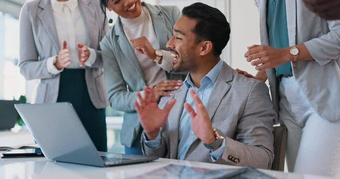 Success, applause or businessman trading on stock market in celebration of financial profit or growth strategy. Wow, winner or excited forex trader with winning investment, news or crypto achievement