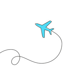 Vector illustration of airplane with path drawn single continuous line. The concept of transportation, travel by flying airlines. Editable stroke.