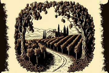 depiction of a vineyard in a rural setting. Generative AI