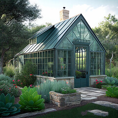 Beautiful Exterior of a Victorian Style custom built greenhouse in a winter garden. - obrazy, fototapety, plakaty