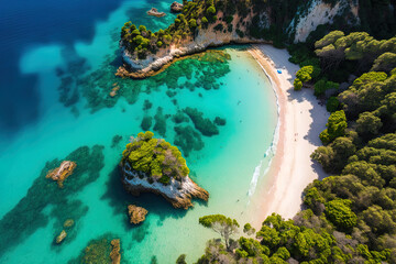 Greece's Corfu. aerial picture of the beach in Porto Timoni. Generative AI © 2ragon