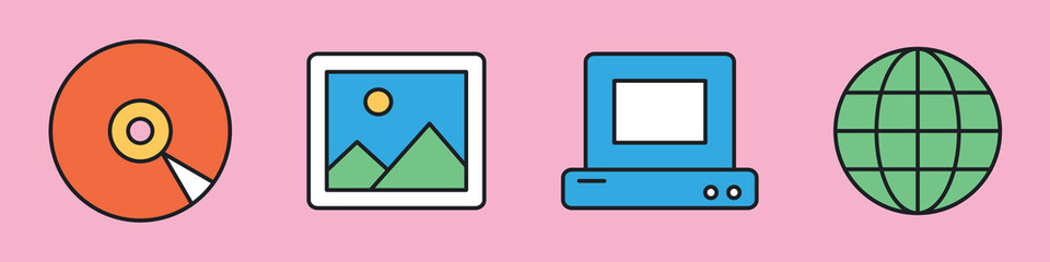 90s pc user interface icons. Disk, photo, computer and browser. Retro style. Old design. Vector illustration