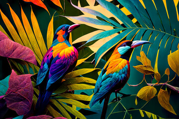 Abstract natural background with jungle flora and fauna. Creative background with exotic bright colorful leaves and birds. Created with Generative AI
