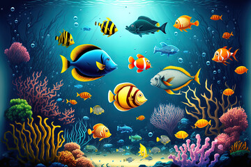Obraz na płótnie Canvas a large number of little fish in the water, a fish colony, fishing, and an ocean nature scene. Generative AI