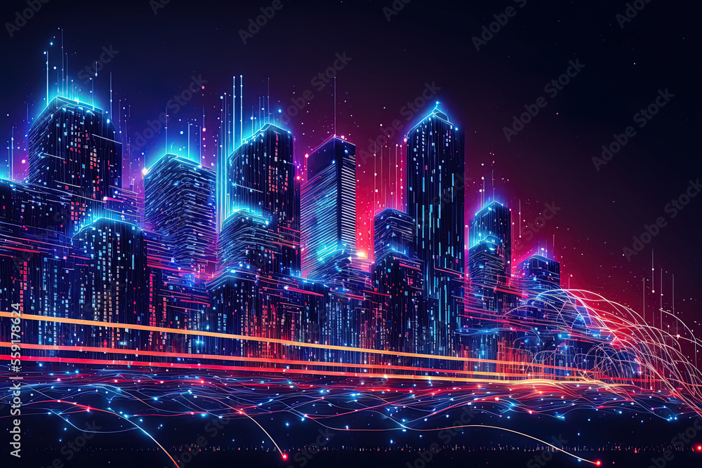 Poster smart city huge data connection technology idea, nighttime metropolis with abstract gradient blue an