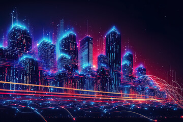 Smart city huge data connection technology idea, nighttime metropolis with abstract gradient blue and red lighting light trail surrounding the city. Generative AI