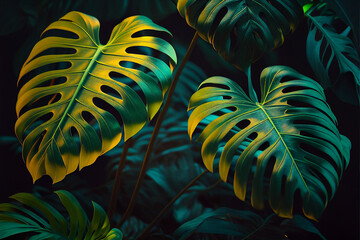 Abstract natural background. Fluorescent exotic leaves pattern. Creative background with bright colorful monstera leaves. Jungle fauna. Created with Generative AI