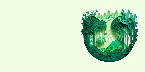 Green Layered Diorama Papercut Forest. Generative AI.