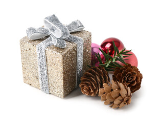 Beautiful Christmas gift and decorations on white background