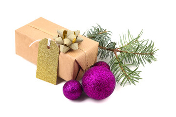 Christmas gift, balls and fir branch isolated on white background