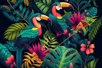 Abstract natural background with jungle flora and fauna. Creative background with exotic bright colorful leaves and birds. Created with Generative AI - obrazy, fototapety, plakaty